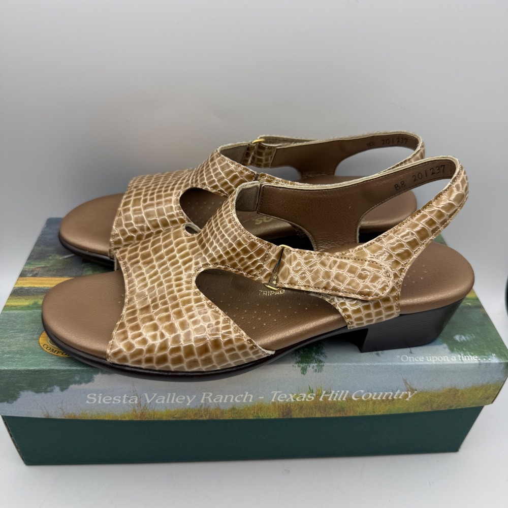 SAS Suntimer-C Sandals Womens 8 M Beige Croc Embossed Slingback Block Heel